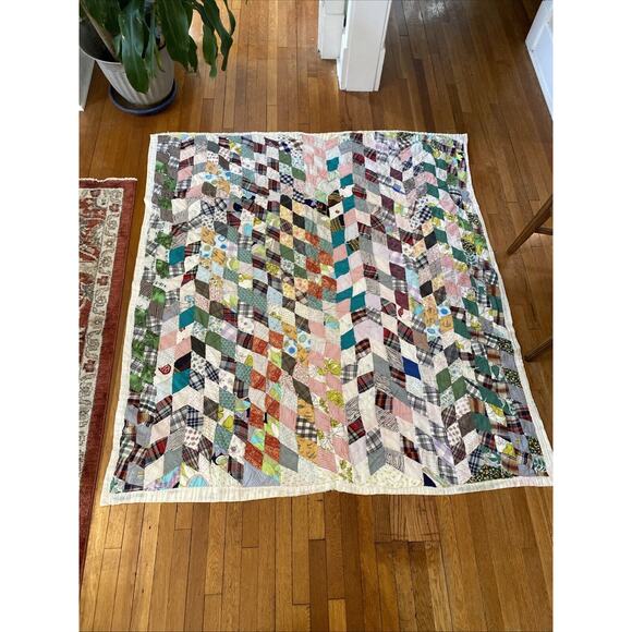 CRAZY QUILT Pieced Diamond Stitched Quilted 67”x 72” Vintage READ Repairs - Picture 1 of 13